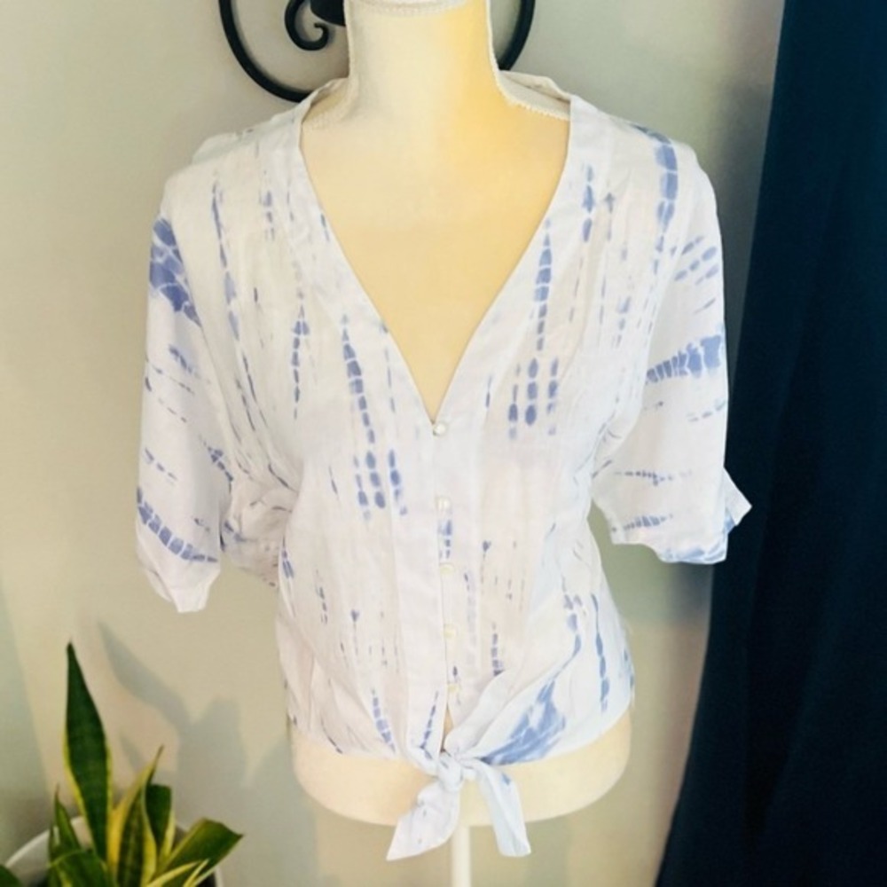 RAILS Thea Tie Waist Linen Blouse Top, Tie-dyed, Blue/White,‎ Small, NWT